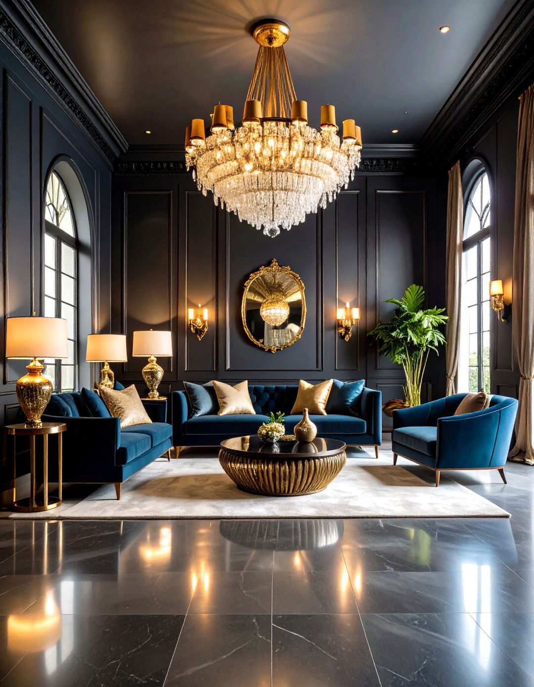 Black Living Room with Statement Lighting and Metallic Accents - 24 Moody Living Room Ideas