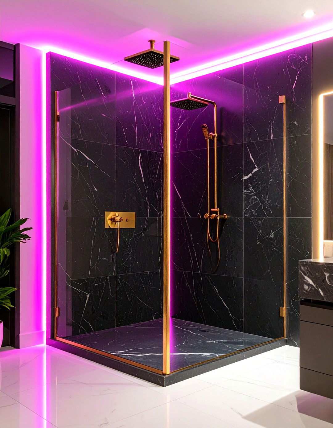 Black Marble Shower with Pink LED Strip Lighting - 24 Pink and Black Bathroom Ideas