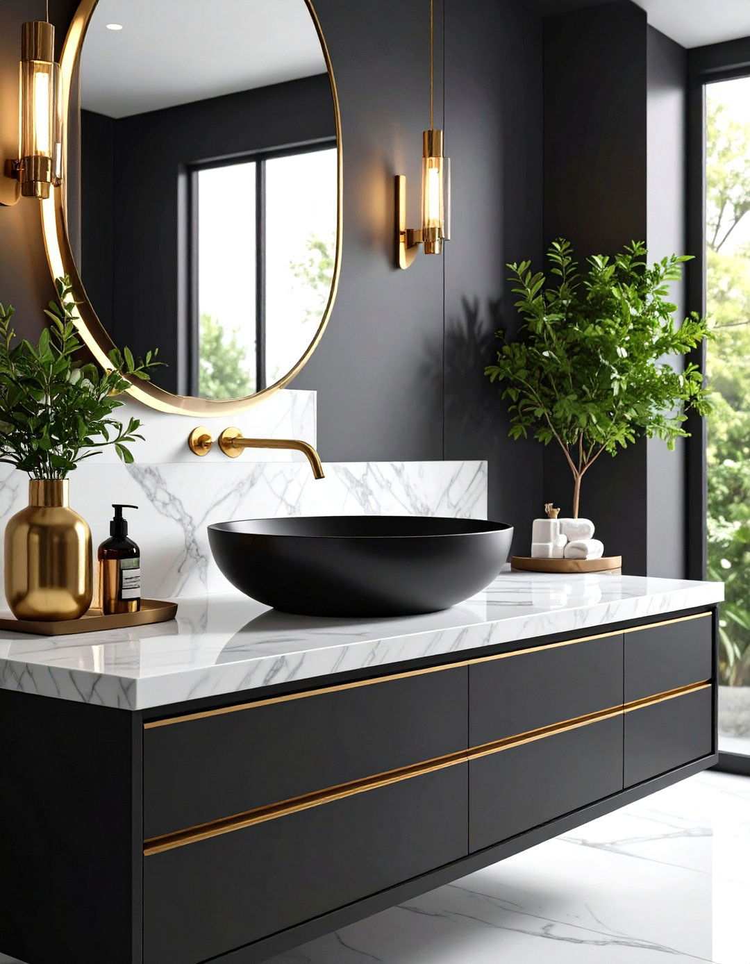 Black Matte Vessel Sink with White Marble Vanity - 24 Small Bathroom Sink Ideas