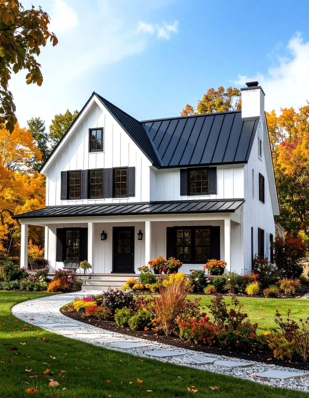 Black Metal Roofing Coordination - 24 White Farmhouse With Black Windows Ideas