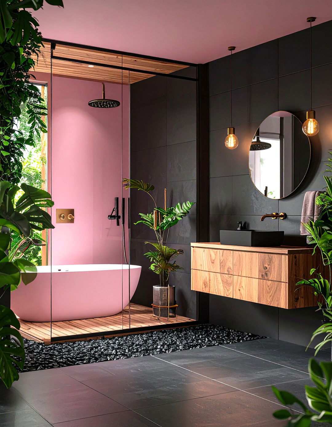 Black Penny Tiles with Pink Glass Shower Enclosure - 24 Pink and Black Bathroom Ideas