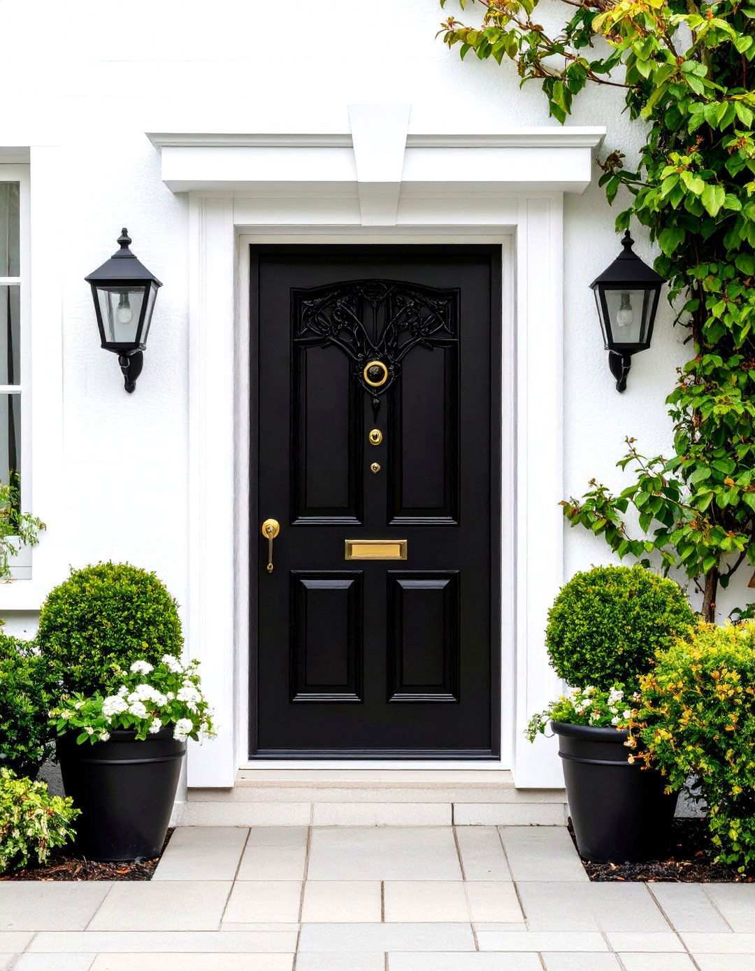 Black Security Door with Decorative Elements - 24 White House Ideas With Black Doors