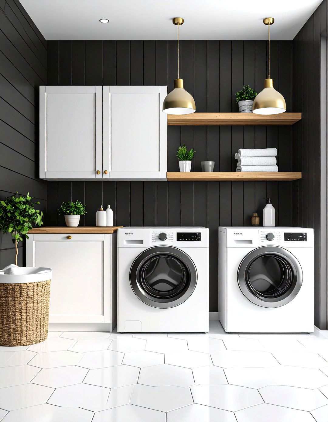 Black Shiplap Feature Wall with Light Contrasts - 24 Shiplap Laundry Room Ideas
