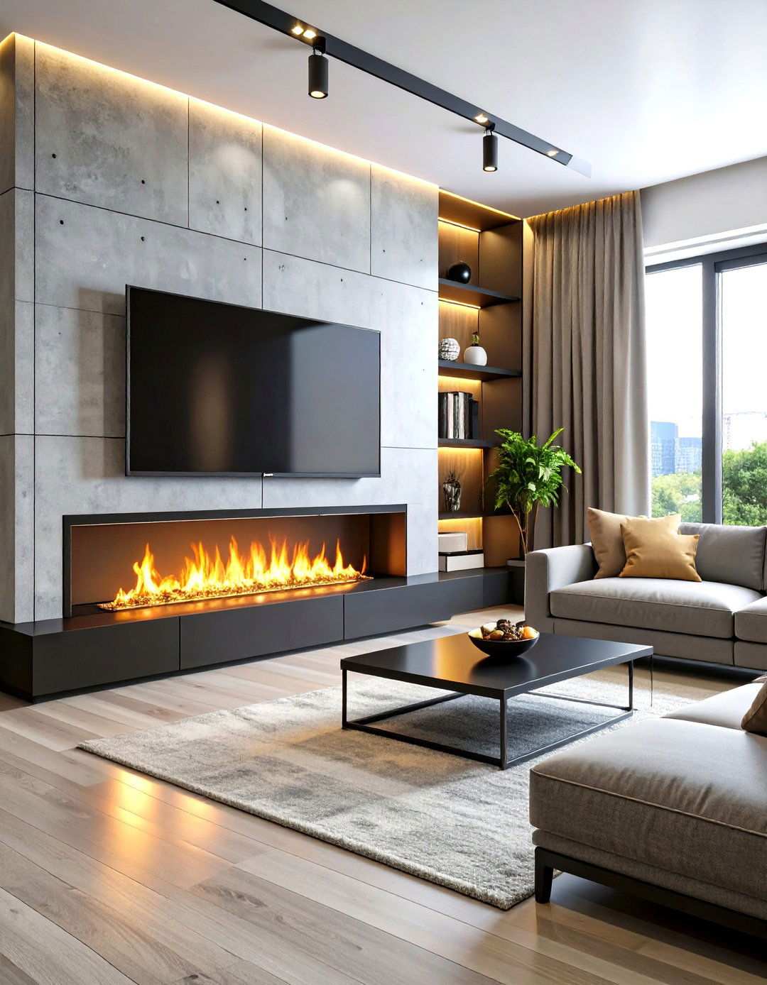 Black Steel Linear Fireplace with Concrete Surround - 24 Linear Fireplace Ideas With Tv Above