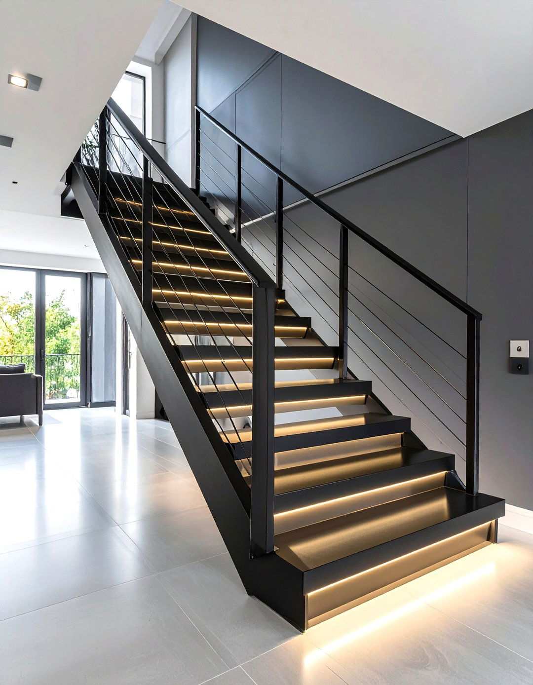 Black Steel Mono Stringer with LED Integration - 24 Open Staircase Ideas