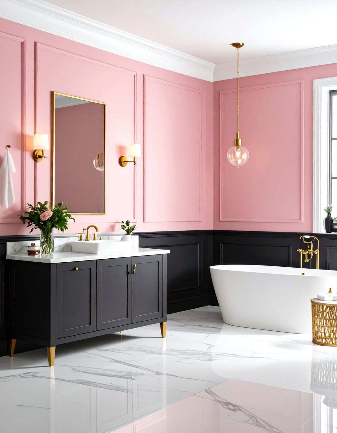 Black Wainscoting with Pink Upper Walls - 24 Pink and Black Bathroom Ideas