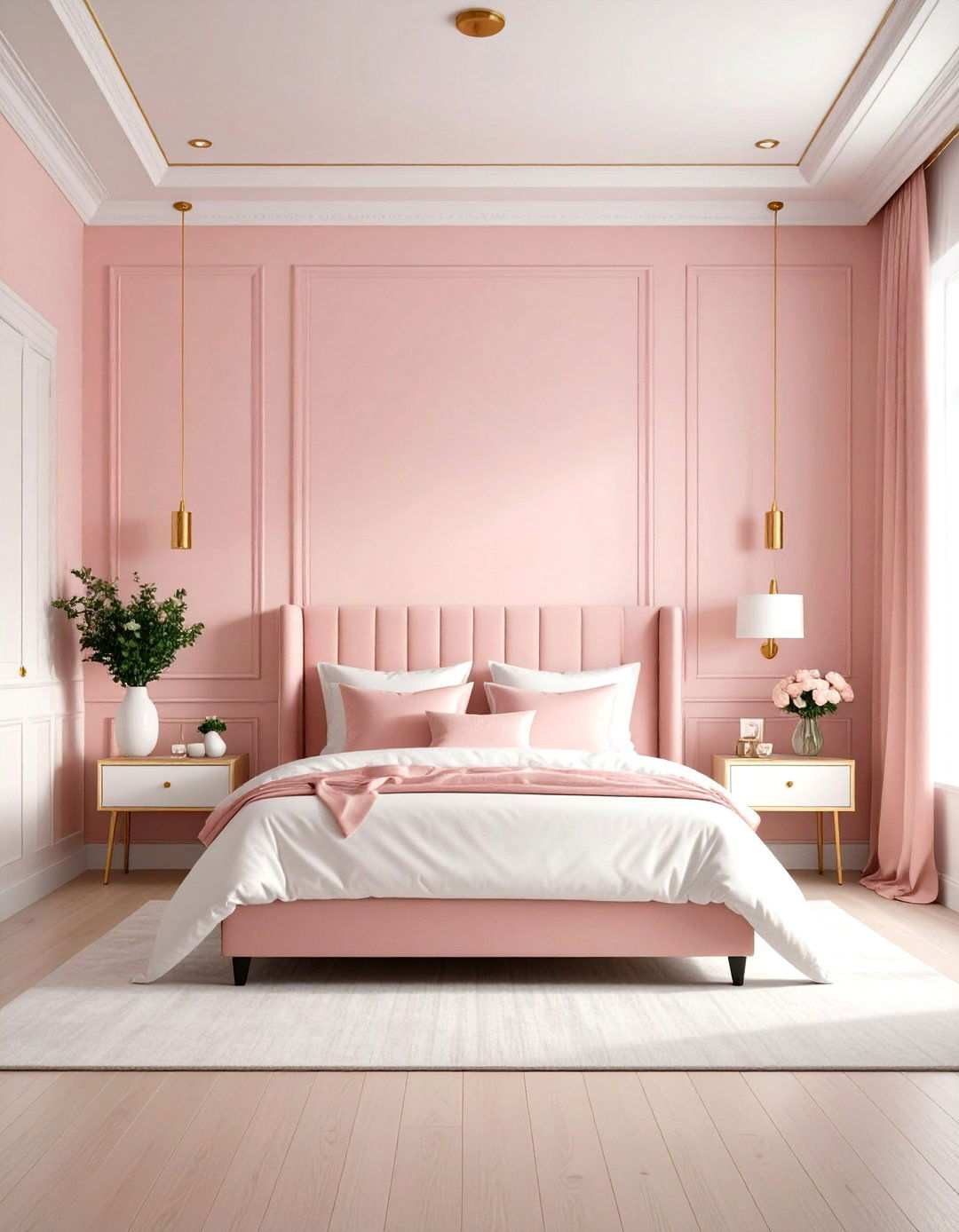 Blush Gradient Walls with Gold Ceiling Trim - 24 Pink and Gold Bedroom Ideas