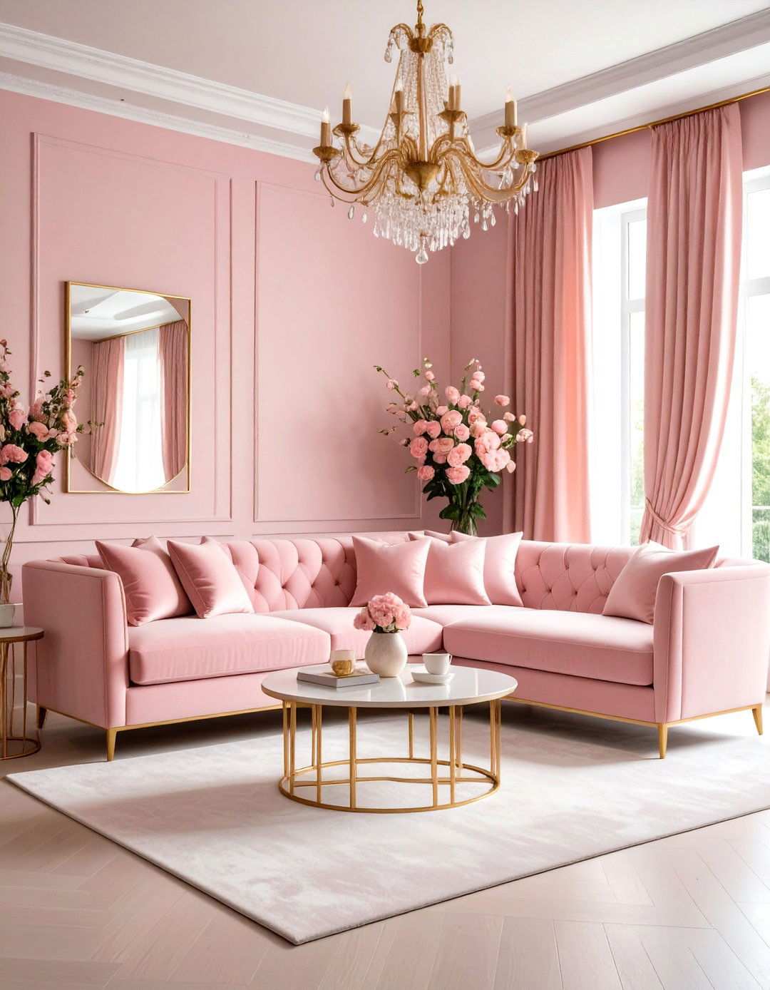 Blush Pink Feminine Living Room - 24 Monochromatic Living Room Ideas