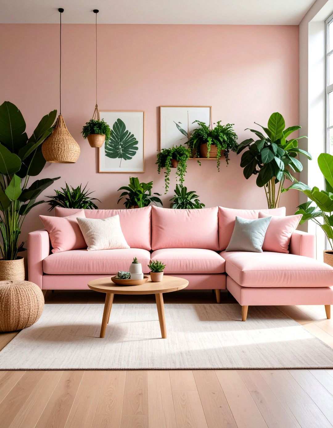 Blush Pink Sectional with Botanical Green Oasis - 24 Pink Couch Living Room Ideas