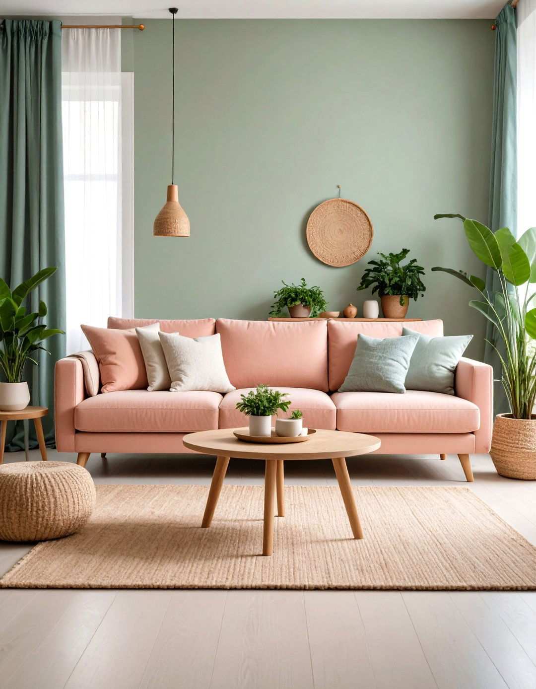 Blush Pink Sectional with Sage Blue Curtains and Natural Elements - 24 Pink and Blue Living Room Ideas