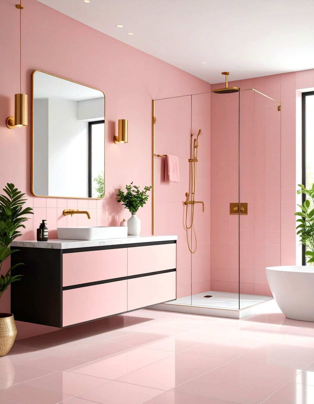 Blush Pink Subway Tiles with Matte Black Fixtures - 24 Pink and Black Bathroom Ideas