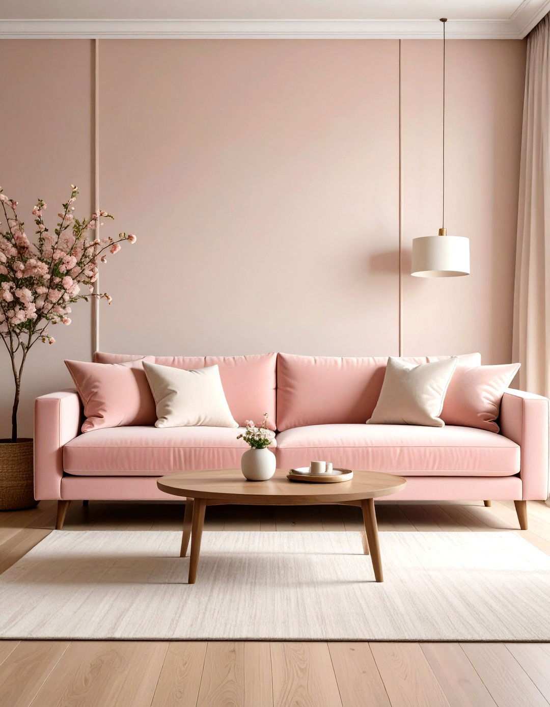 Blush Pink Velvet Sofa with Neutral Elegance - 24 Pink Couch Living Room Ideas