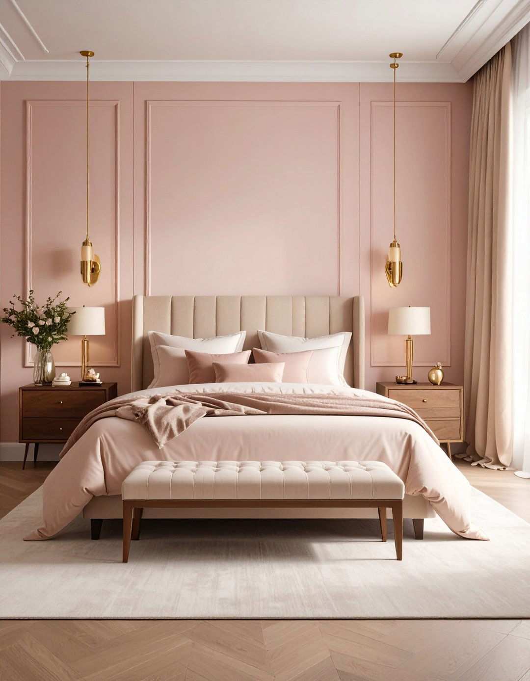 Blush Pink Walls with Brass Accents - 24 Pink Bedroom Ideas