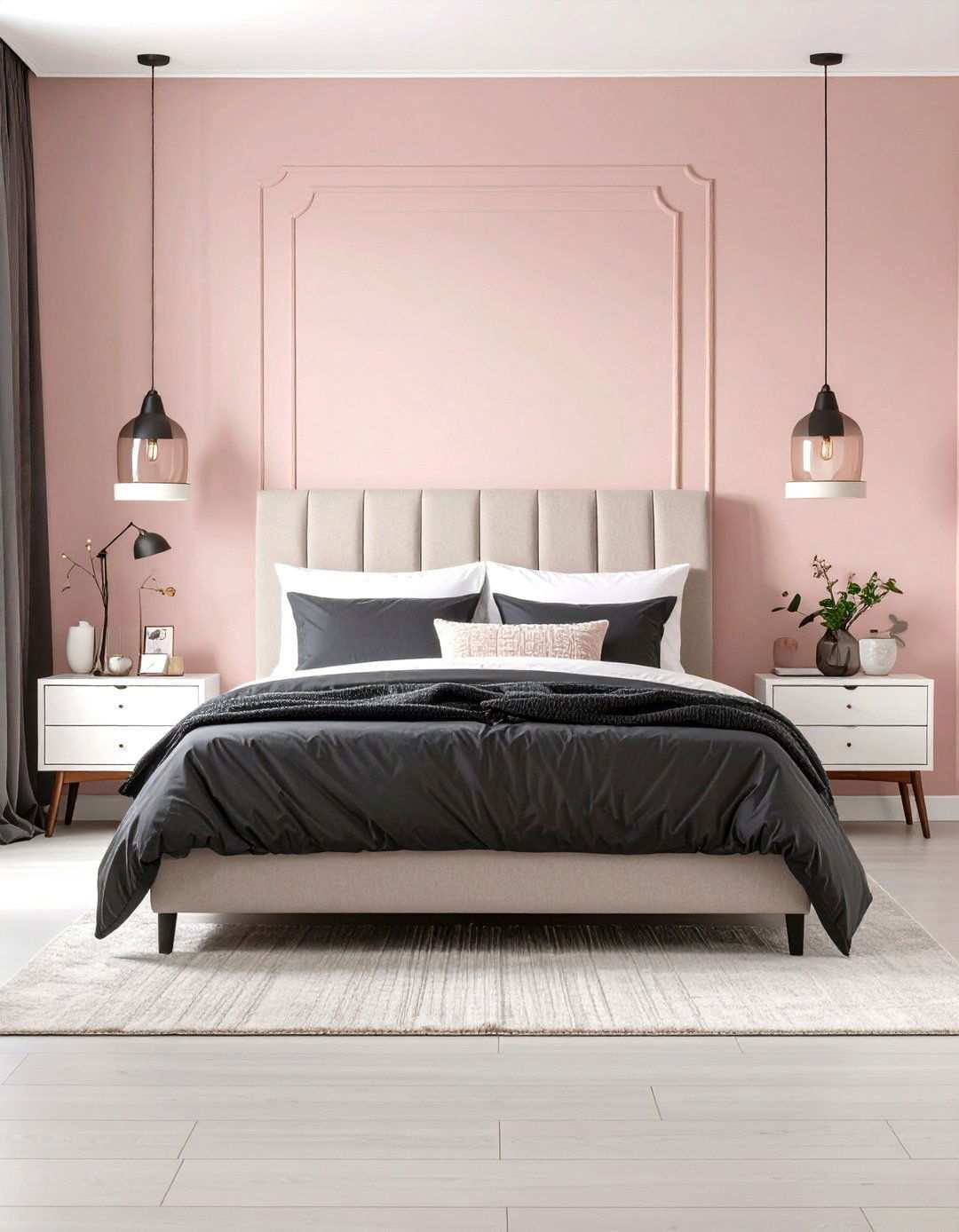 Blush Pink Walls with Charcoal Grey Accents - 24 Pink and Grey Bedroom Ideas