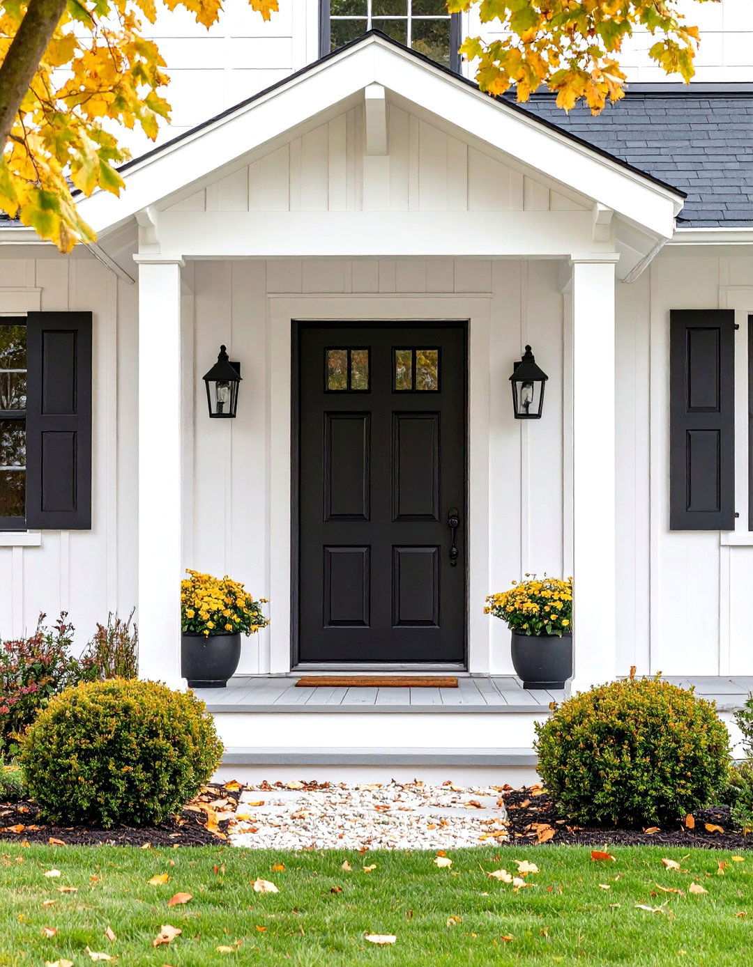 Board and Batten Accent Design - 24 White House Ideas With Black Doors