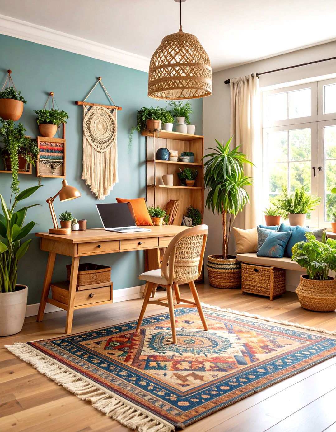 Bohemian Corner Home Office with Layered Textiles - 24 Small Home Office Ideas
