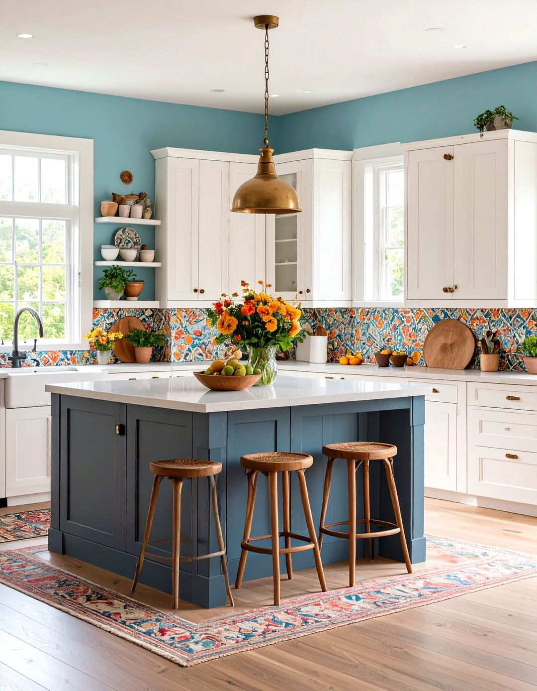 Bohemian Eclectic White Kitchen With Charcoal Grey Island - 24 White Kitchen Cabinets With Grey Island Ideas