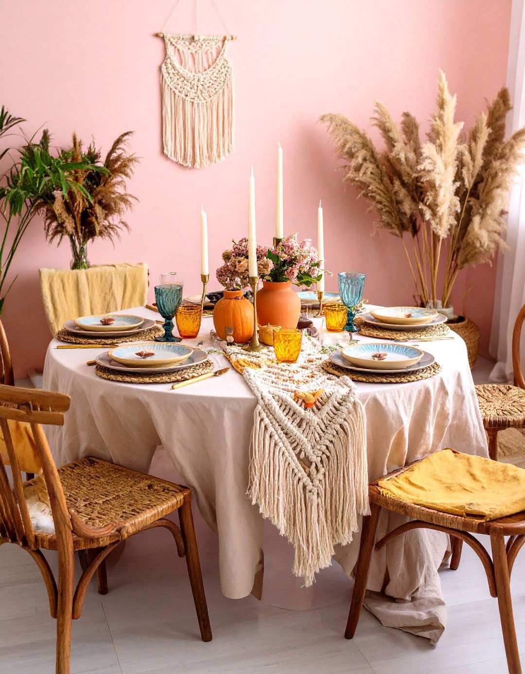 Bohemian Layered Textiles with Vibrant Colors - 24 Round Table Decor Ideas