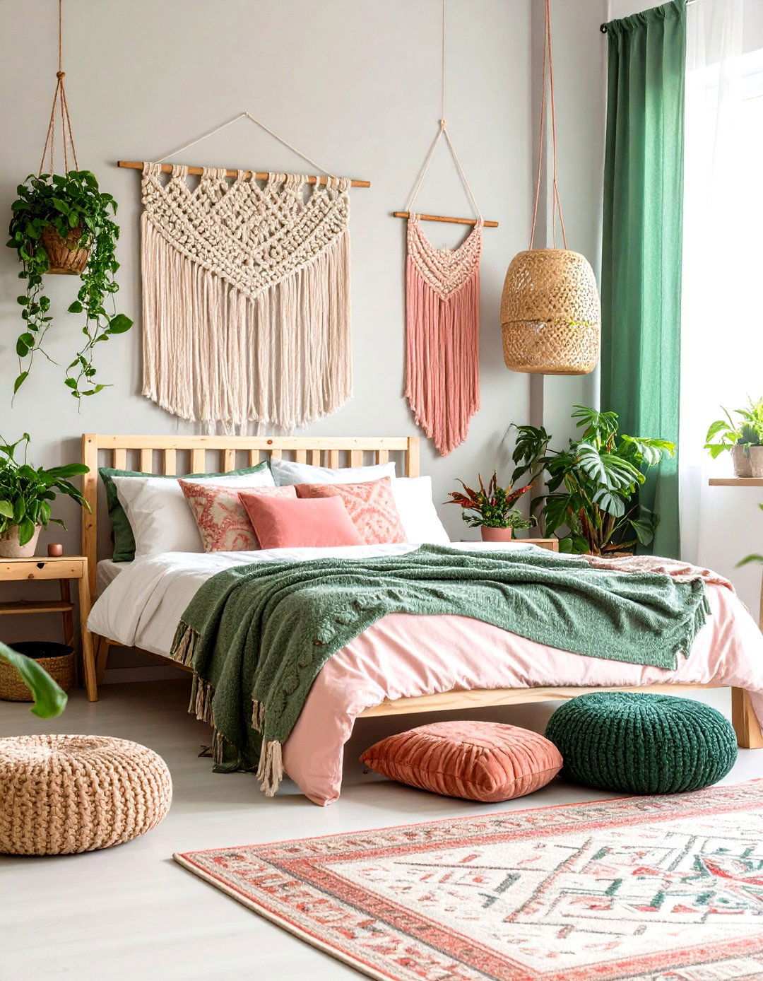 Bohemian Macrame with Pink and Green Textiles - 24 Pink and Green Bedroom Ideas