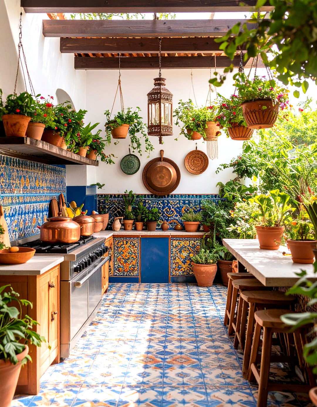 Bohemian Outdoor Kitchen with Colorful Tiles and Textiles - 24 Small Outdoor Kitchen Ideas