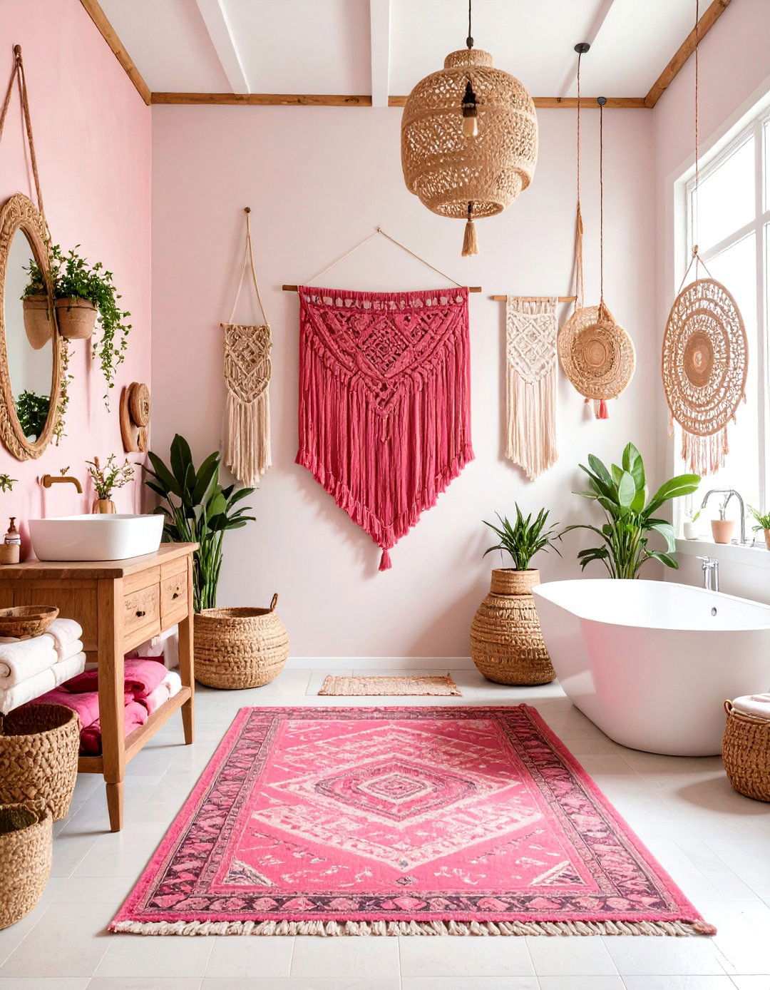 Bohemian Pink Tapestry Bathroom - 24 Pink Tile Bathroom Ideas