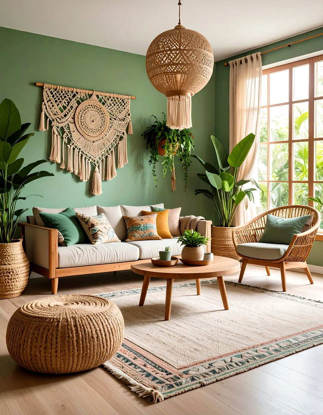Bohemian Sage Green Living Room with Layered Textiles - 24 Sage Green Living Room Ideas