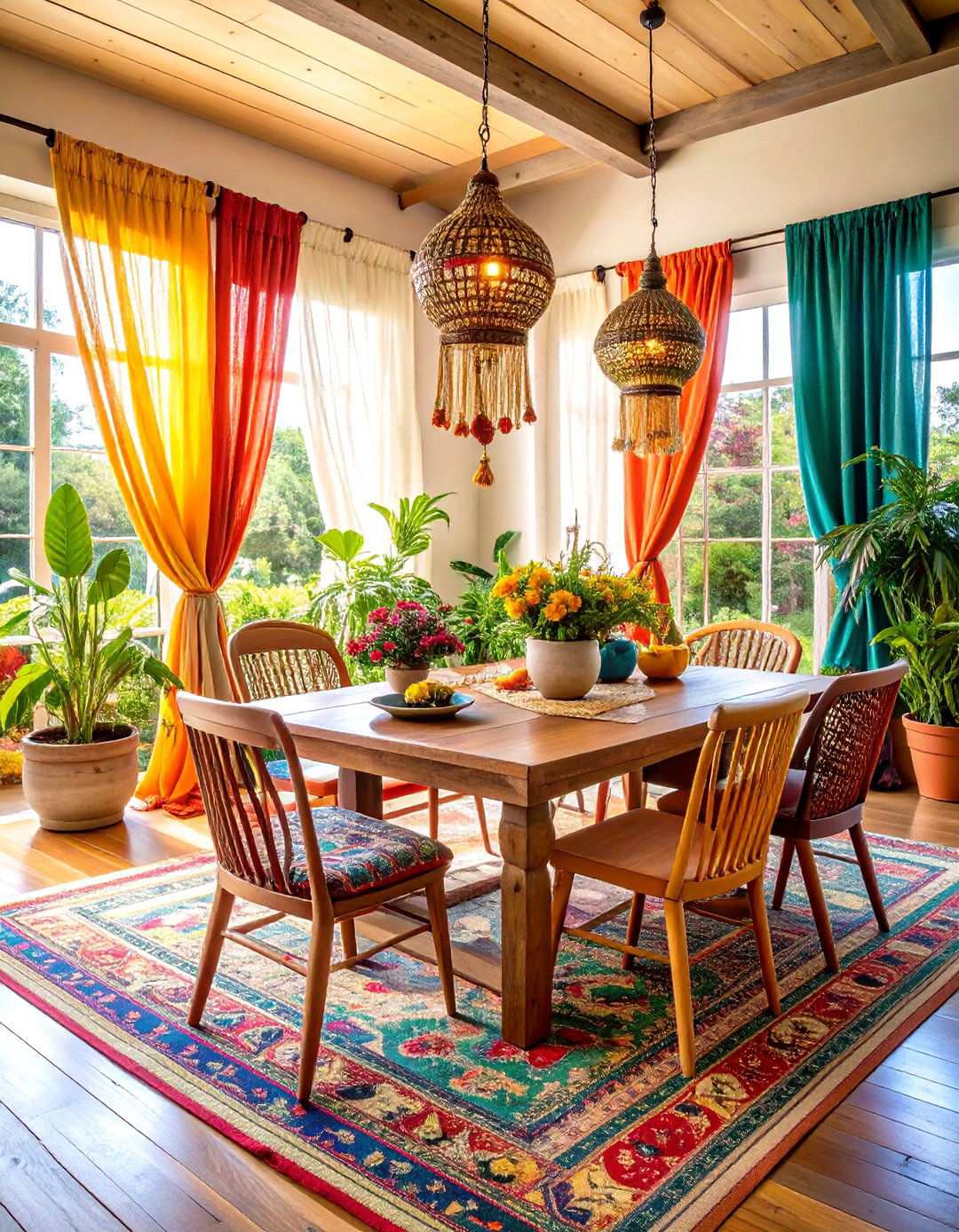 Bohemian Sunroom Dining with Eclectic Patterns - 24 Sunroom Dining Room Ideas