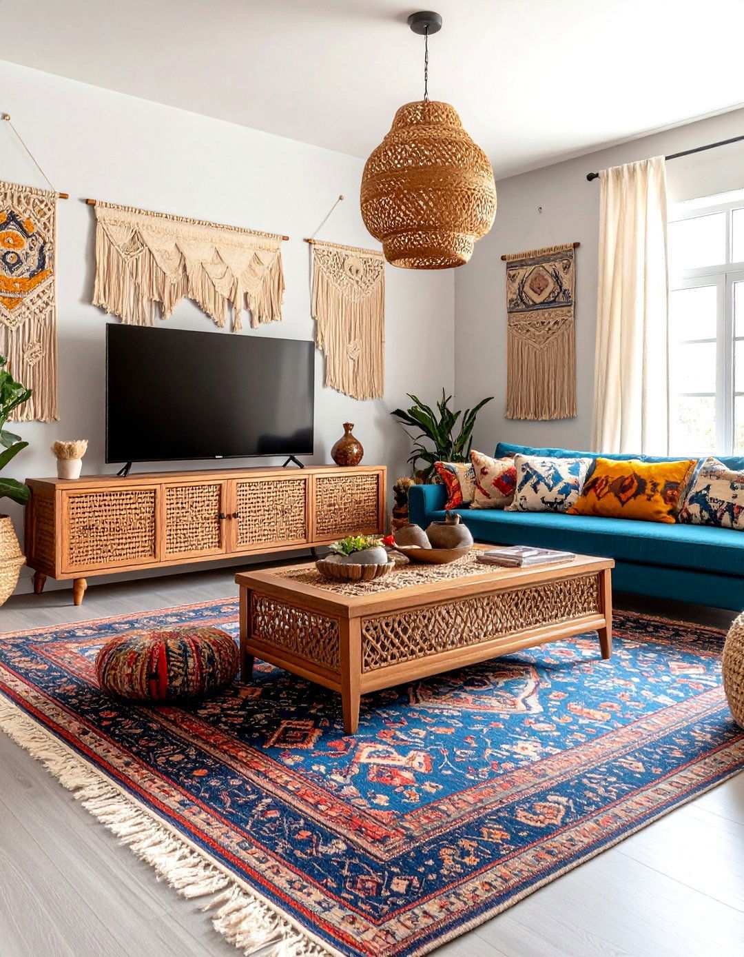 Bohemian Textiles with Low Profile TV Stand - 24 Small Living Room Ideas With Tv and Dining Table