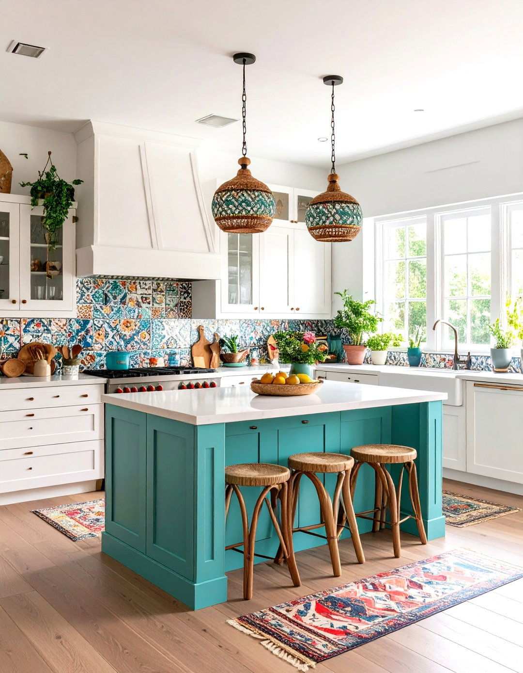Bohemian Turquoise Island Kitchen - 24 White Kitchen Cabinets With Blue Island