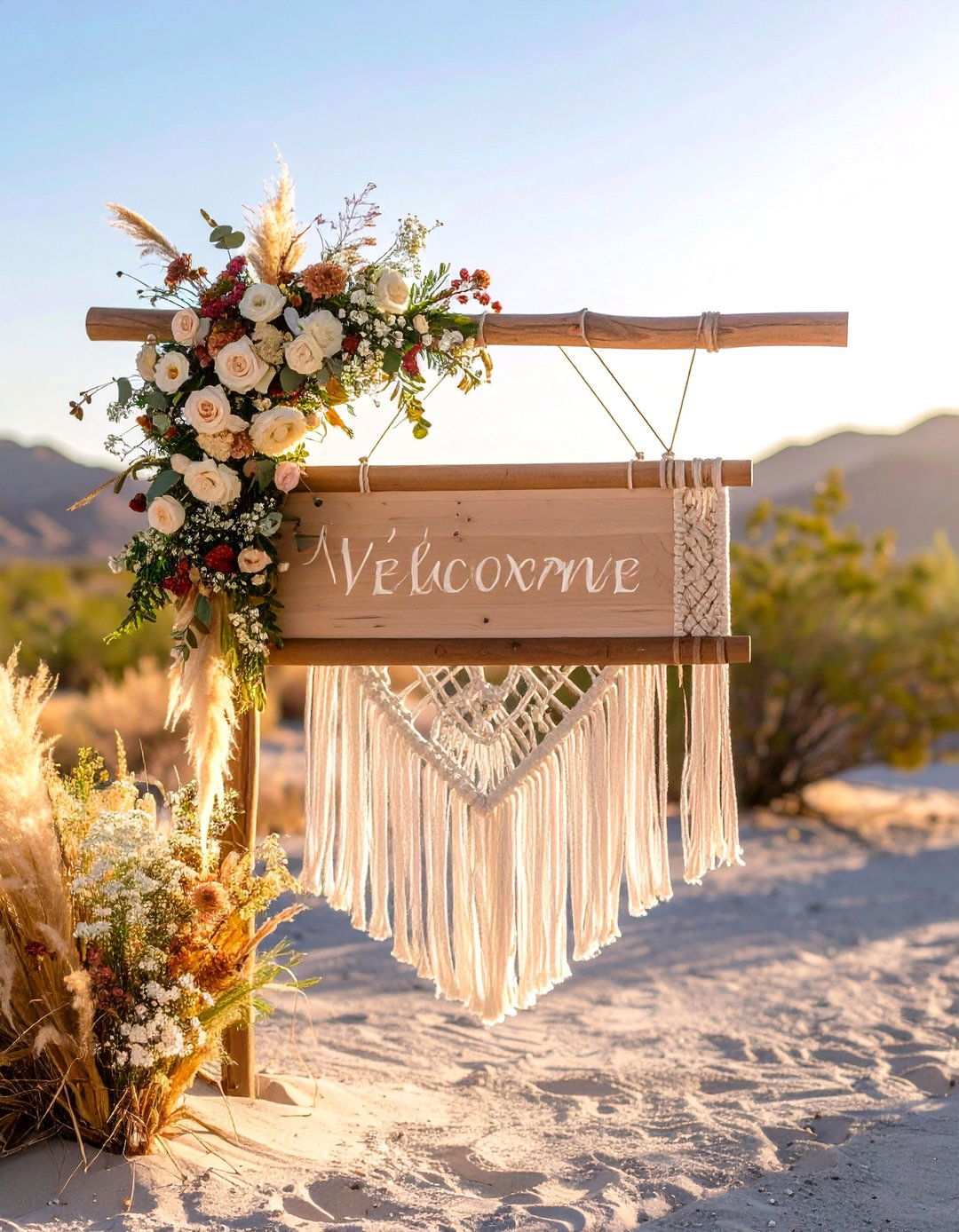 Bohemian Wedding Welcome Sign with Macrame and Dried Flowers - 24 Wedding Welcome Sign Ideas
