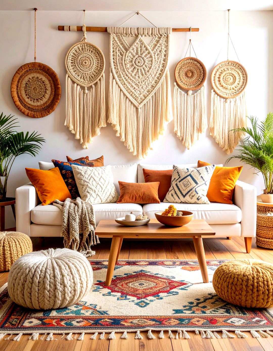 Boho Chic Layered Living - 24 White Couch Living Room Ideas