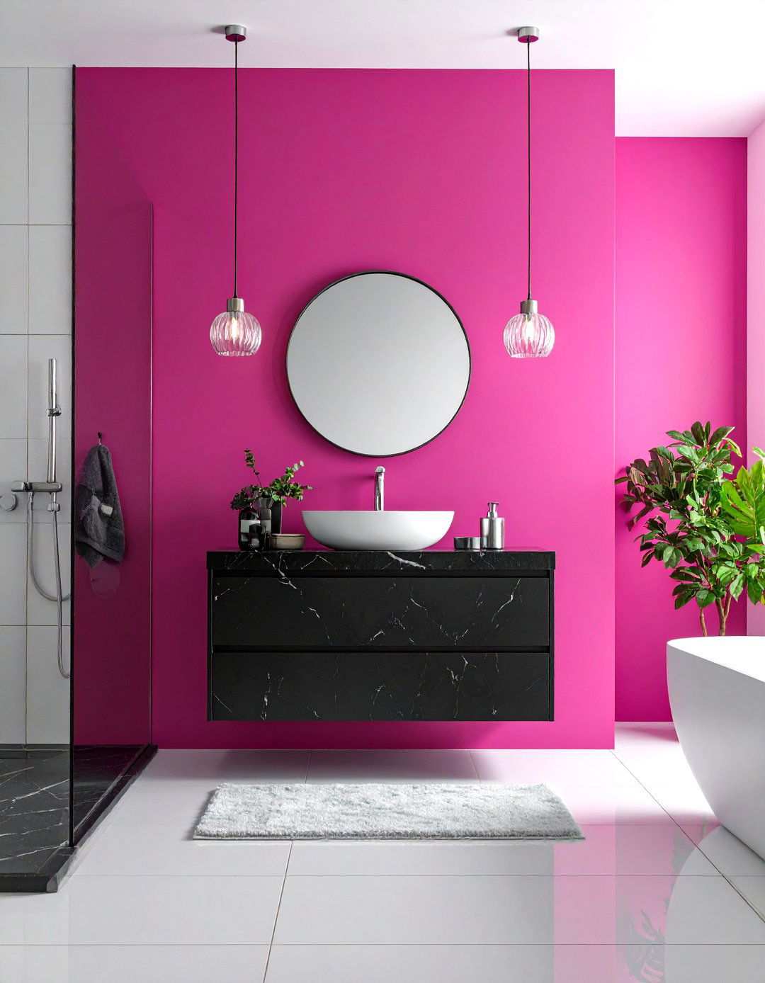 Bold Fuchsia Accent Wall with Black Marble Vanity - 24 Pink and Black Bathroom Ideas