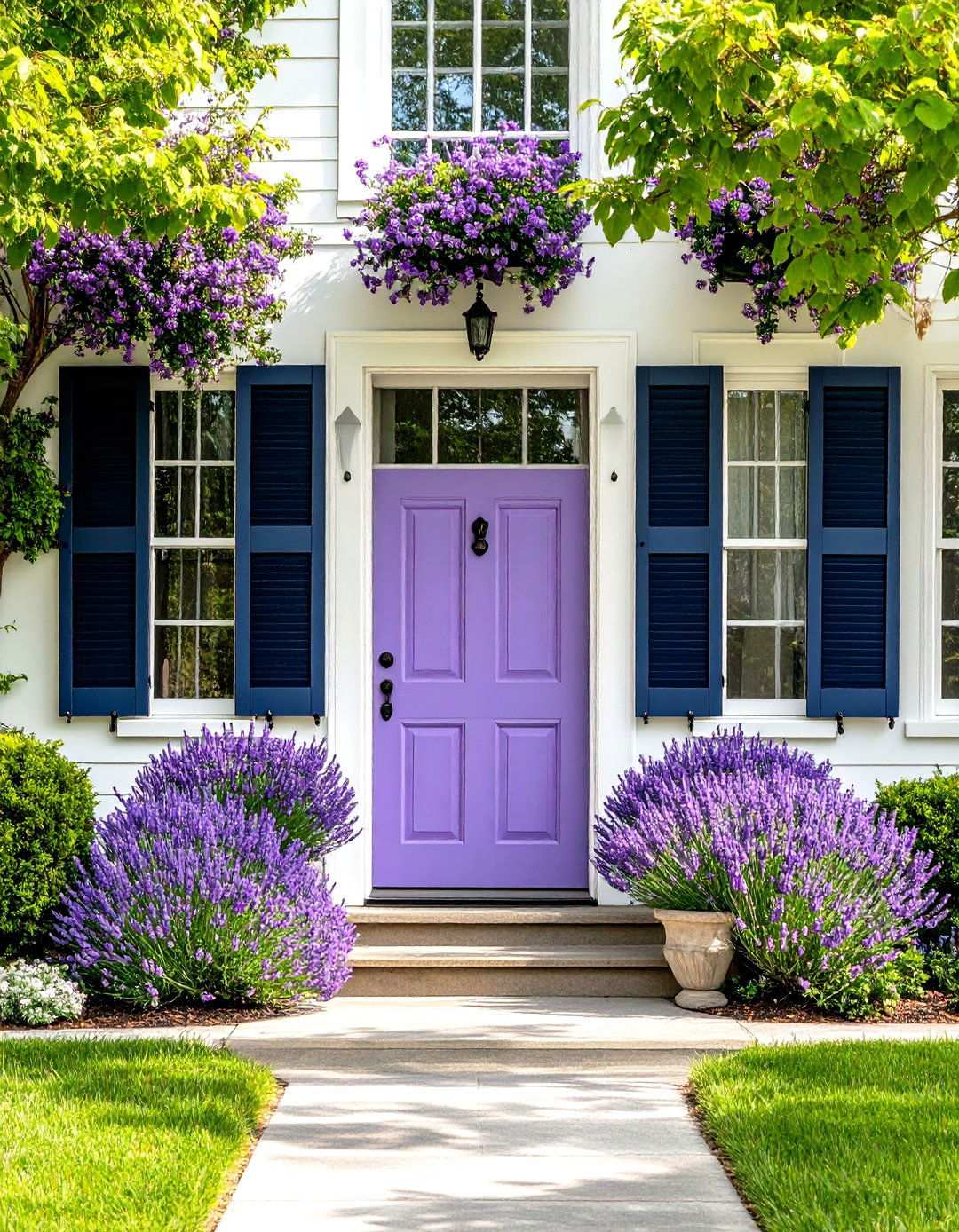 Bold Lavender Door with Contrasting Shutters - 24 Lavender Front Door Ideas