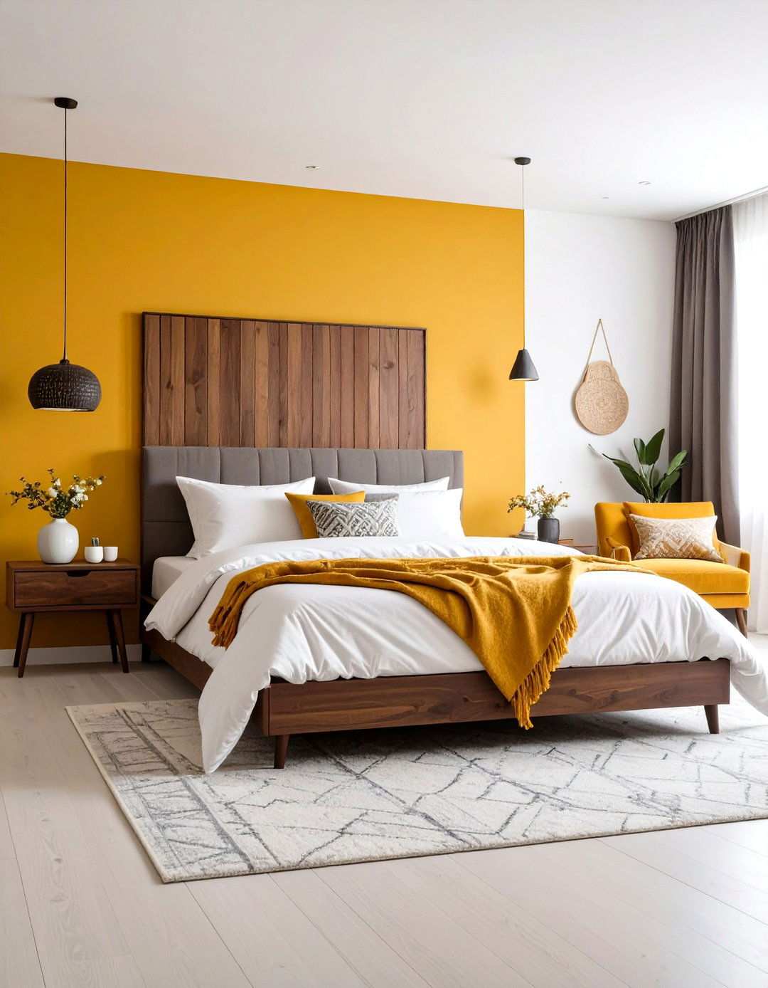 Bold Mustard Yellow Feature Wall Bedroom - 24 Yellow Bedroom Ideas