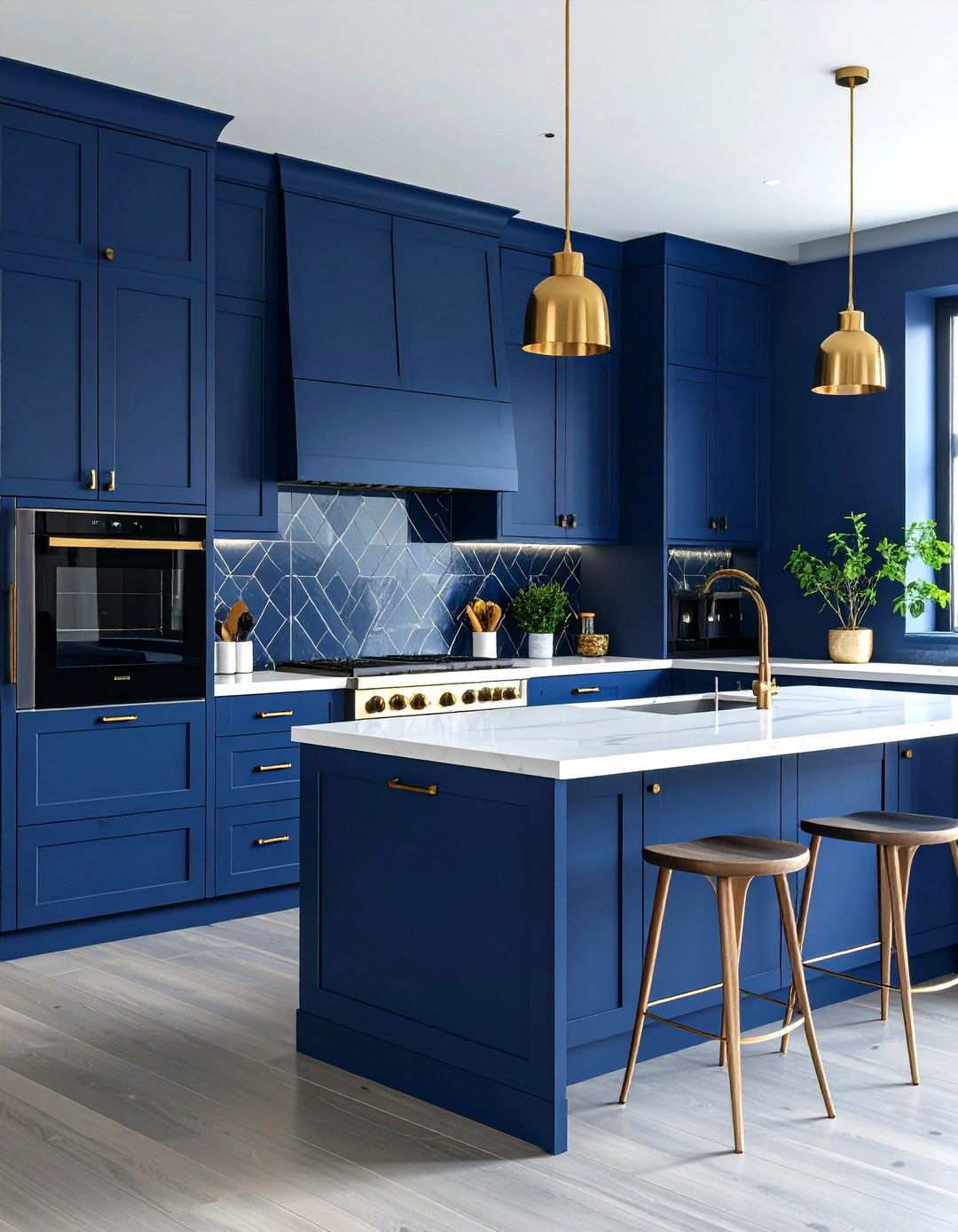Bold Navy One Wall Kitchen with Brass Hardware Accents - 24 One Wall Kitchen Ideas