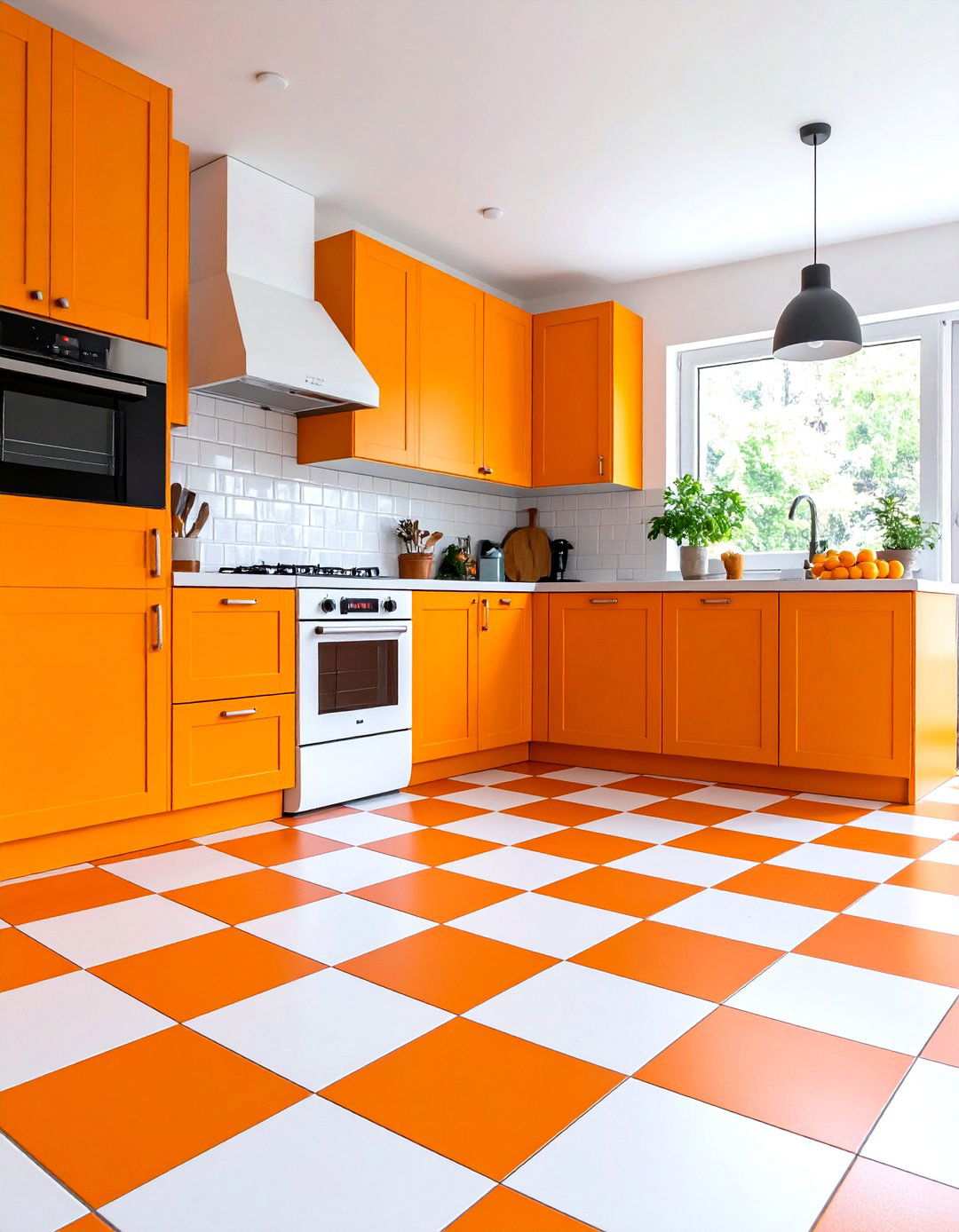 Bold Orange and White Checkered Kitchen - 24 Kitchens With Checkered Floors