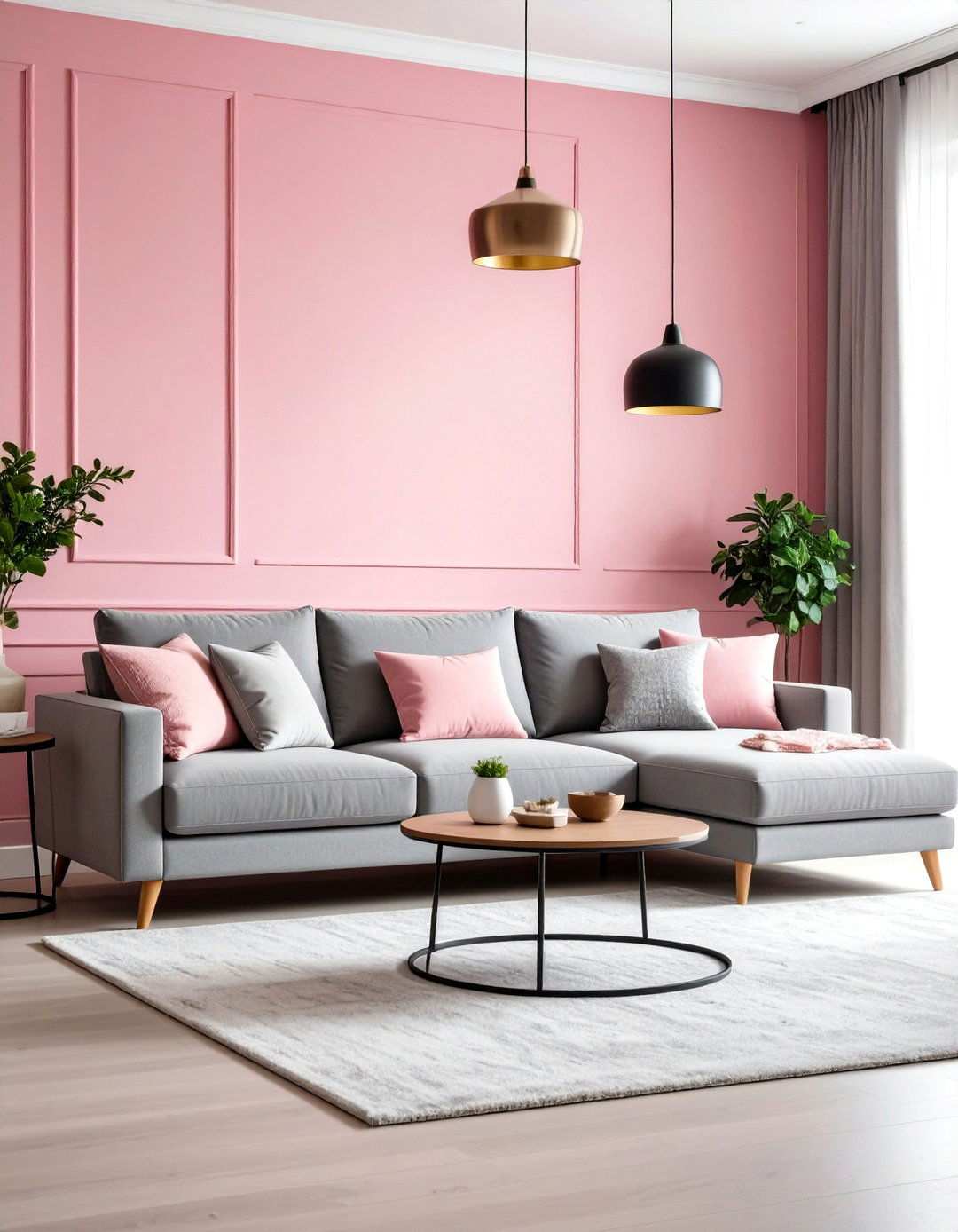 Bold Pink Feature Wall with Grey Neutrals - 24 Pink and Grey Living Room Ideas