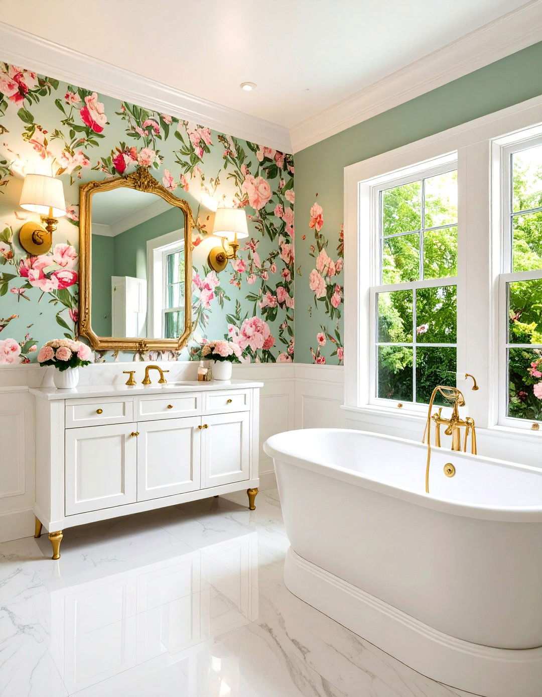 Bold Wallpaper Above Wainscoting - 24 Powder Room Wainscoting Ideas