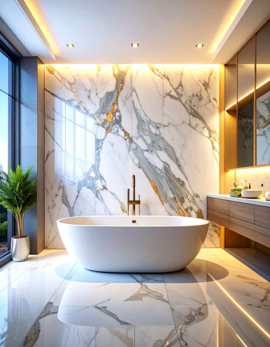 Bookmatched Marble Feature Wall Drama - 24 Marble Bathroom Ideas