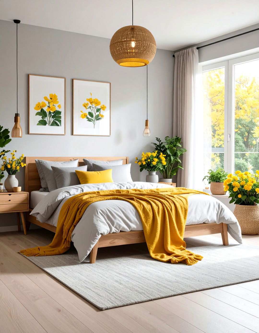 Botanical Nature Yellow and Grey Bedroom - 24 Yellow and Grey Bedroom Ideas