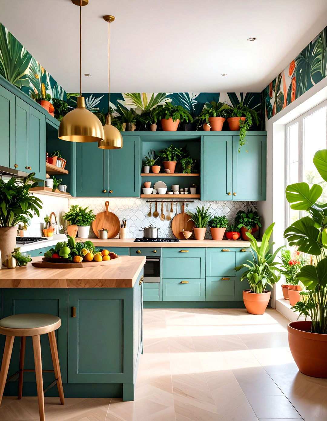 Botanical Wallpaper Kitchen with Living Plant Gallery - 24 Maximalist Kitchen Decor Ideas
