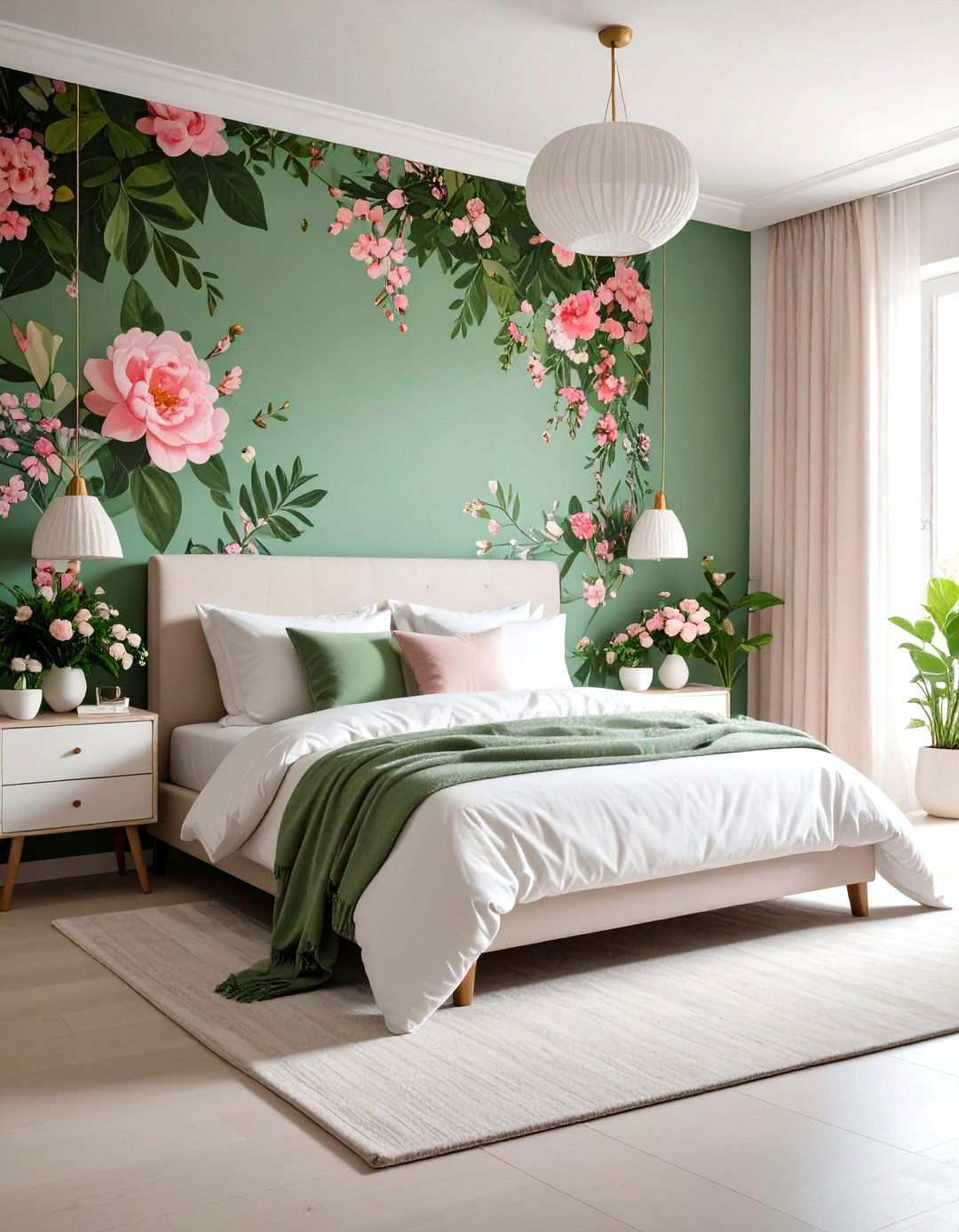 Botanical Wallpaper with Pink and Green Patterns - 24 Pink and Green Bedroom Ideas