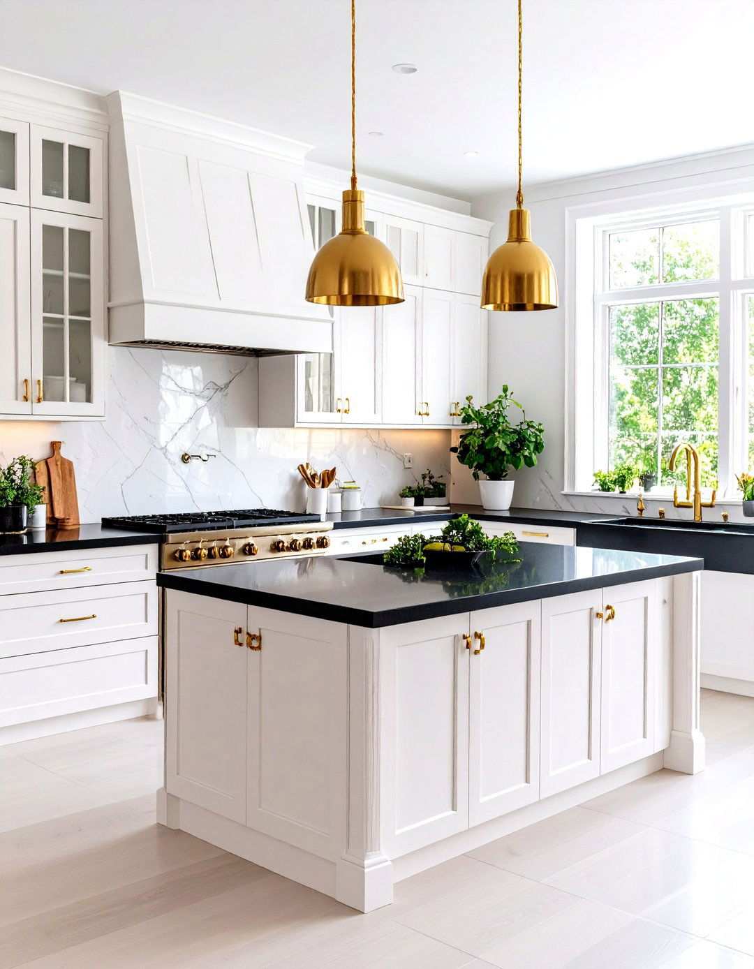 Brass Hardware Accent Details - 24 Kitchen With White Cabinets and Black Countertops Ideas