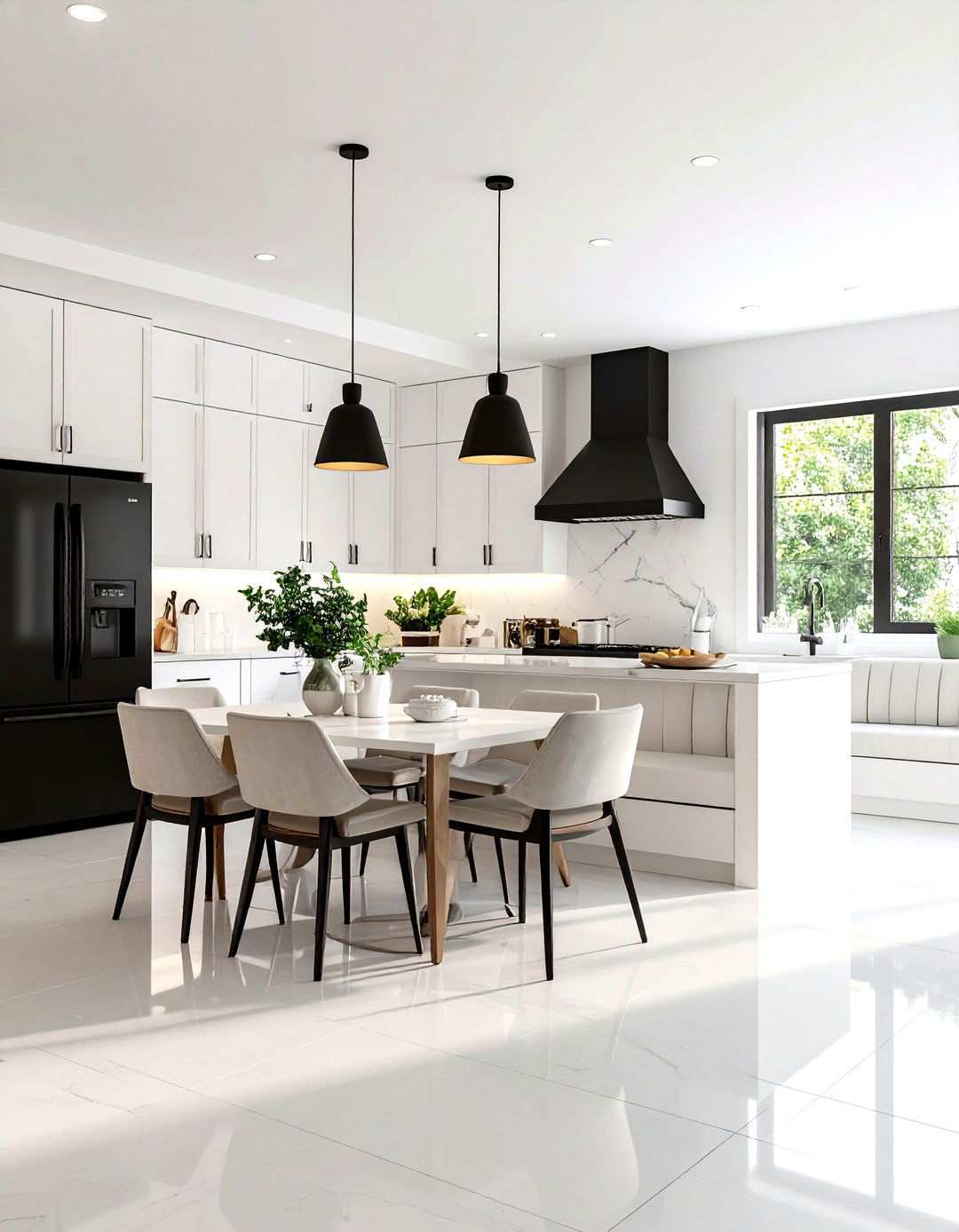Breakfast Nook Integration - 24 White Kitchen with Black Appliances Ideas