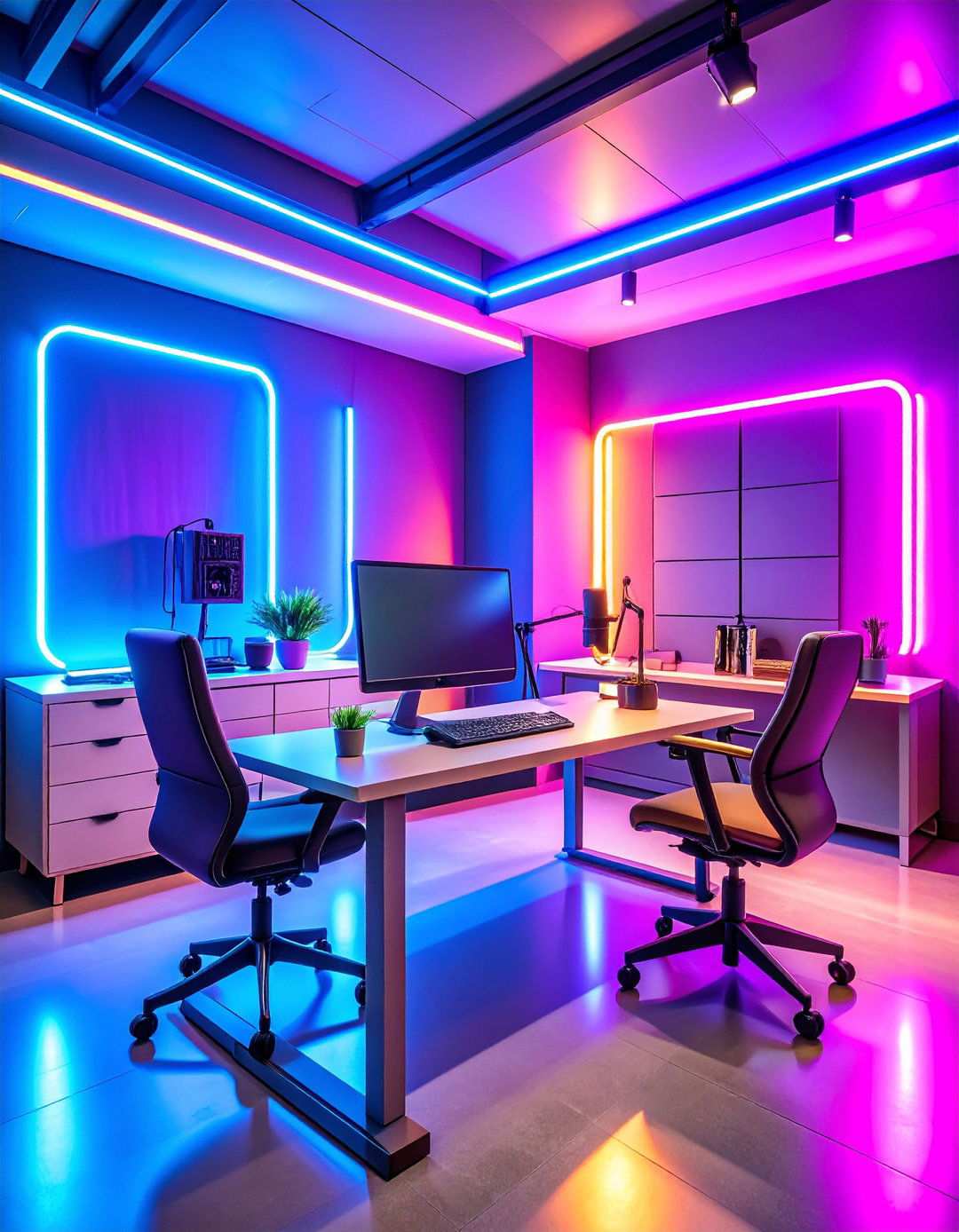 Bright Neon Podcast Studio Setup - 24 Podcast Room Ideas