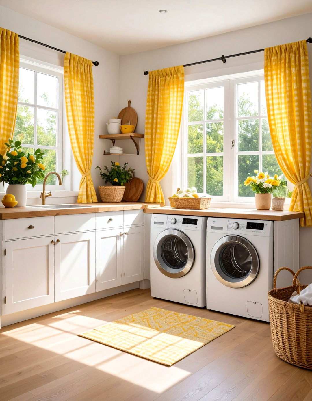Bright Yellow Gingham Cafe Curtains for Cheerful Ambiance - 24 Laundry Room Curtain Ideas