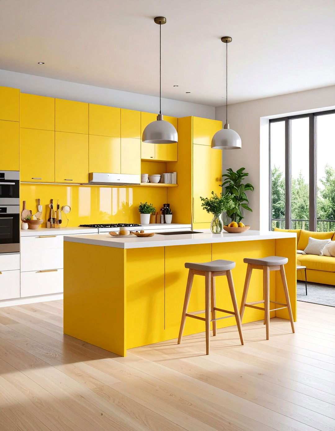 Bright Yellow Kitchen Island in Open Living - 24 Yellow Living Room Ideas