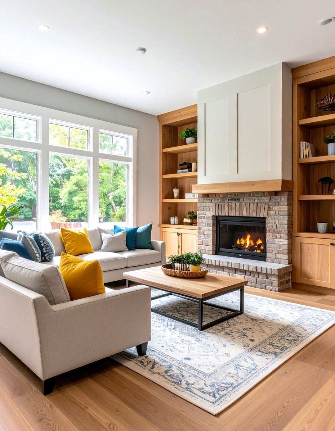 Built in Storage Alcoves with Brick Fireplace - 24 Rustic Brick Fireplace Ideas