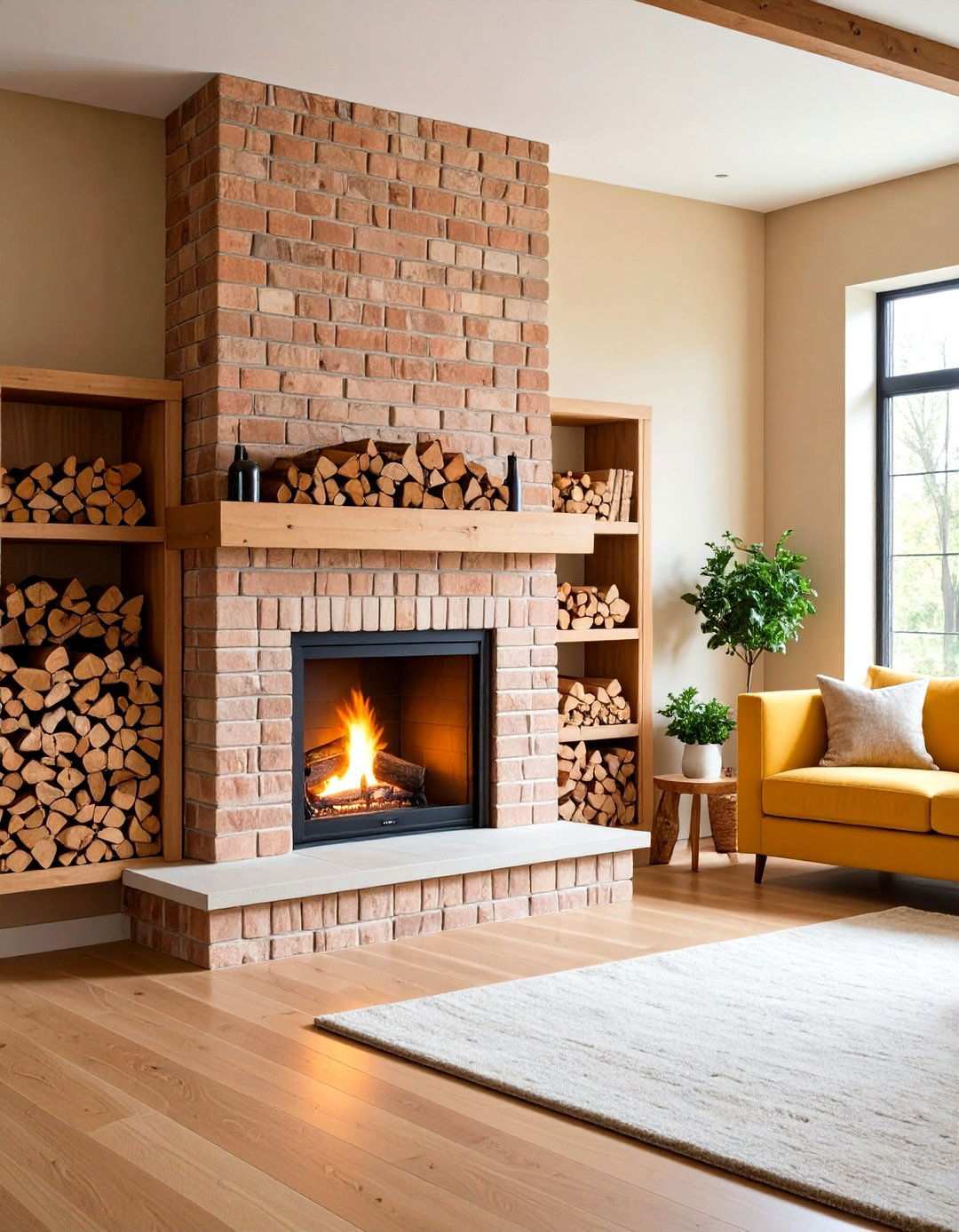 Built in Wood Storage Solutions - 24 Rustic Living Room With a Brick Fireplace Ideas