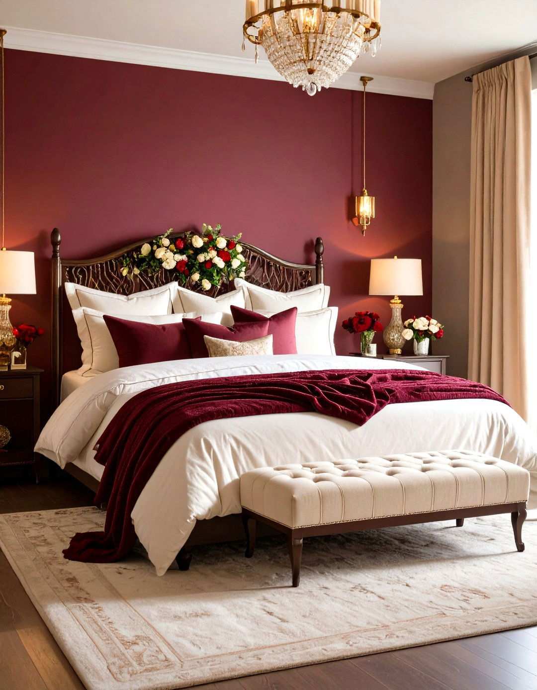 Burgundy and Cream Romantic Bedroom - 24 Red Bedroom Ideas